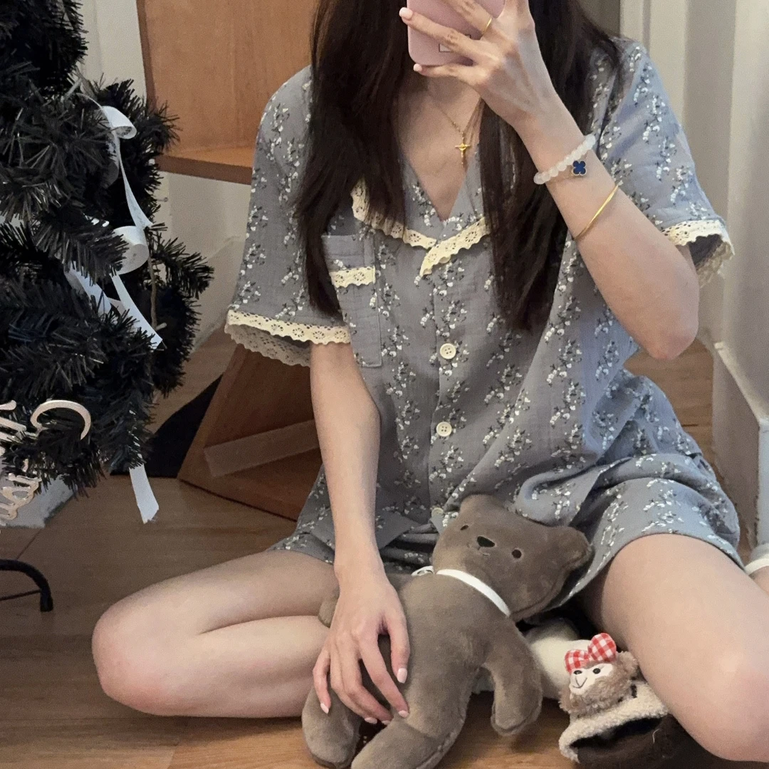 【蓝色妖姬】少女纯棉睡衣短袖短裤开衫花边休闲夏季薄款家居服套装