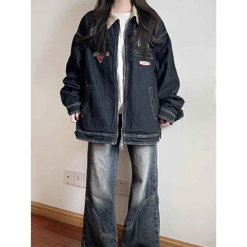 拼接复古撞色翻领牛仔夹克上衣女秋季新款韩系国潮高街拉链外套潮