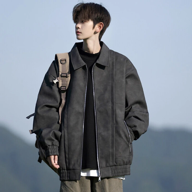 美式复古pu皮翻领夹克男秋冬款高级感青少年宽松痞帅黑色外套休闲