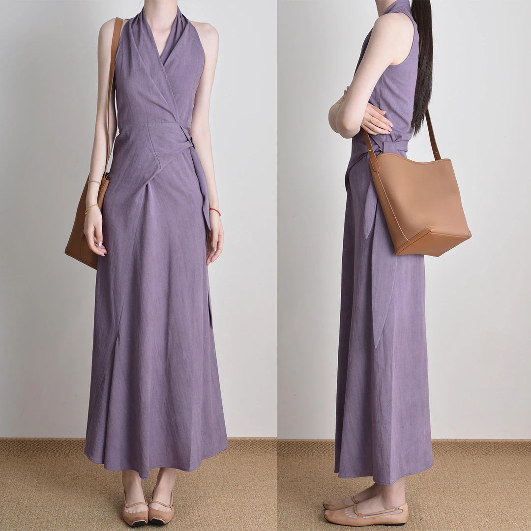 v领挂脖紫色吊带连衣裙子女夏2025新款法式气质收腰掐腰无袖长裙