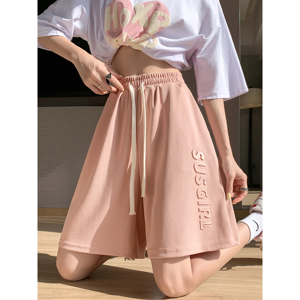 大码粉色运动短裤女夏季薄款高腰阔腿裤宽松休闲显瘦美式五分