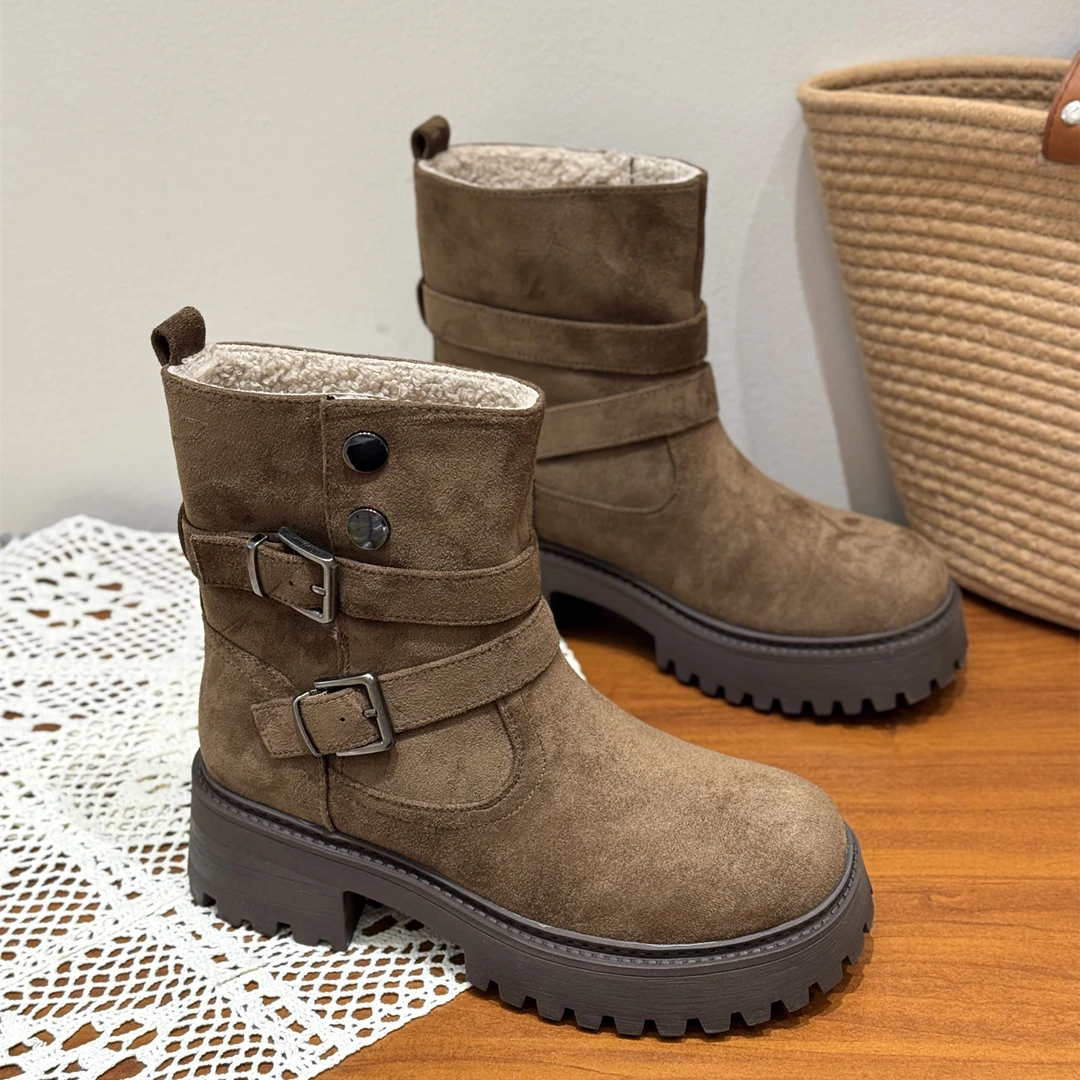 法式粗跟超火洋气西部短靴女2025新款冬季复古绒面时髦加绒雪地靴