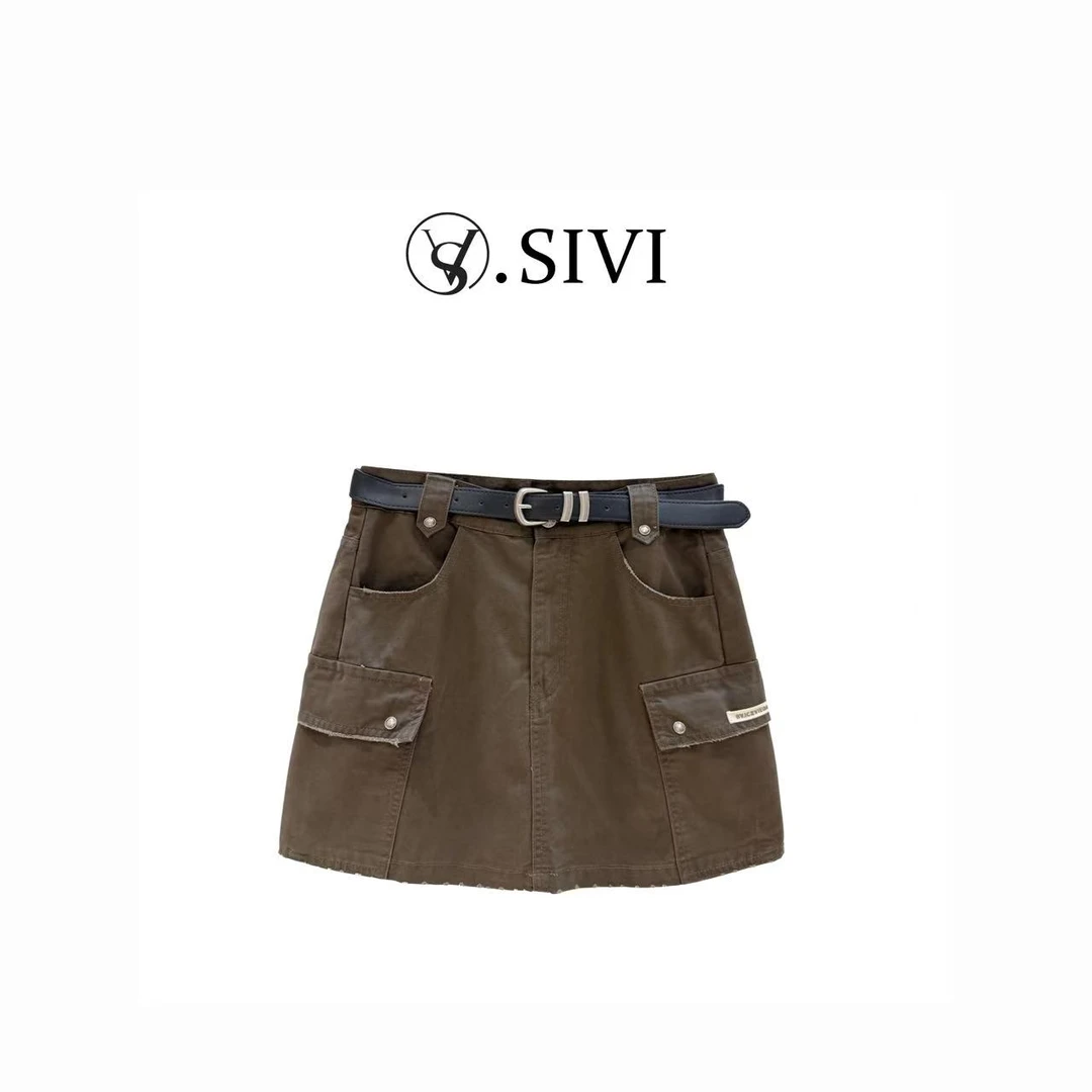 熙薇【出逃千金】2025早秋新款显瘦时尚休闲复古工装牛仔裙裤H3950