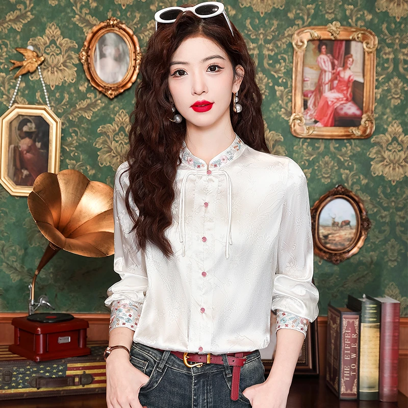 2025春款实拍新中式国风白色刺绣复古衬衫立领盘扣唐装汉服上衣