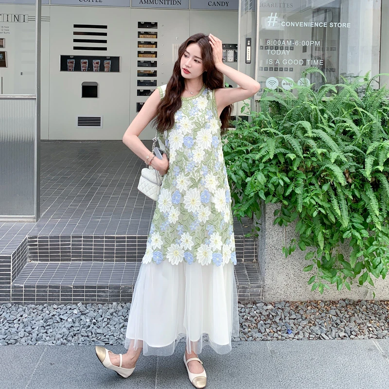 森系小清新雏菊提花仙女裙2025夏季新款复古甜美风气质显瘦连衣裙