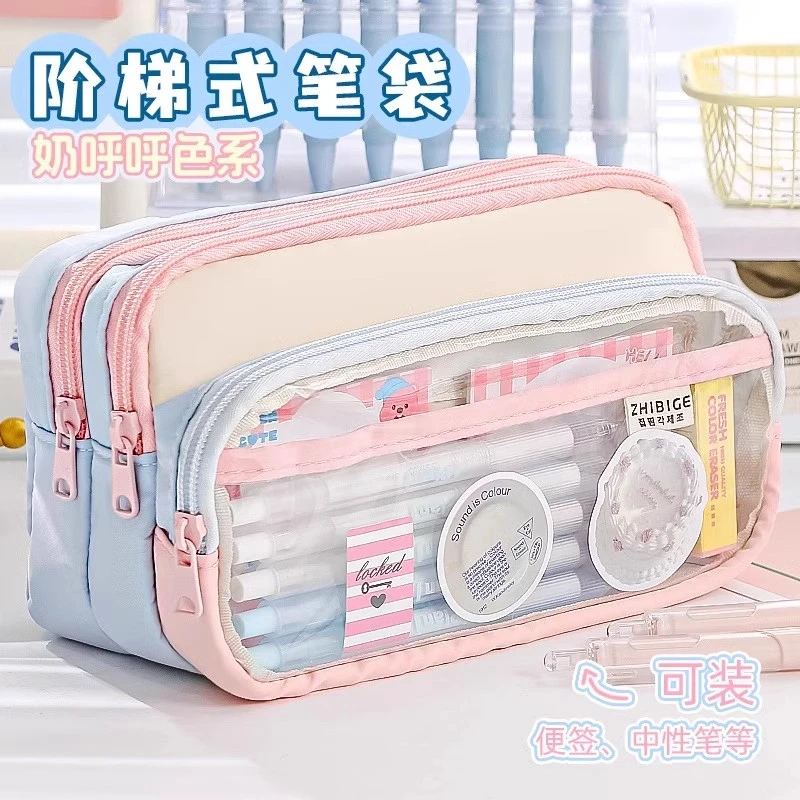 多巴胺笔袋加厚透明笔袋2025年新款初中生撞色铅笔盒高颜值文具袋