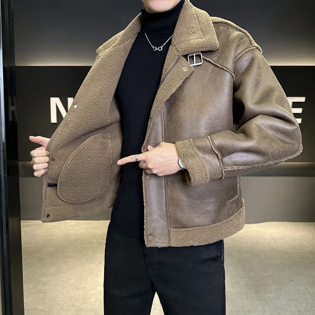 皮衣男加绒保暖秋冬季潮牌帅气重磅加厚皮毛一体夹克男士翻领外套