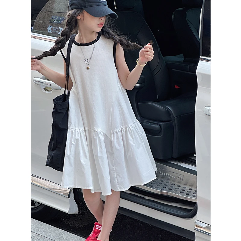 K28909简约撞色女童无袖连衣裙2025新款夏装休闲儿童裙子背心裙潮