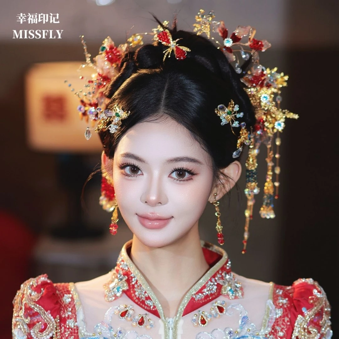 红色秀禾新娘头饰秀禾旗袍晨袍汉服新中式水晶流苏分体套装发饰