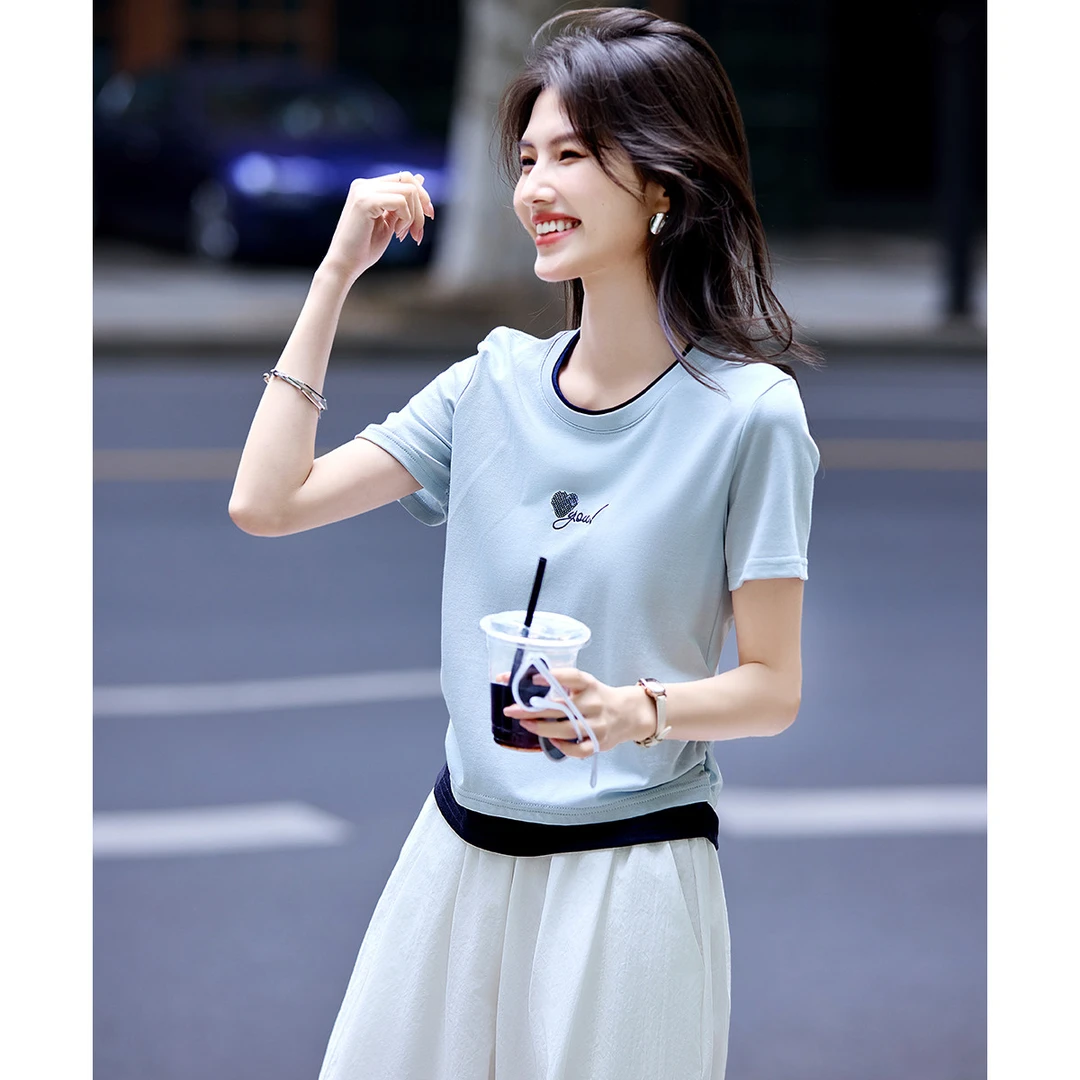 极简风假两件圆领短袖T恤2025夏季新款字母爱心刺绣抽褶收腰