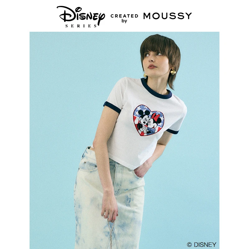 MOUSSY夏季迪士尼联名米奇米妮正肩撞边T恤010HSQ90-0250