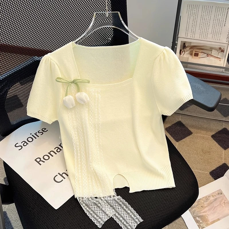 专柜撤回剪标韩系短袖T恤女夏季新款小个子国风甜美百搭上衣针织