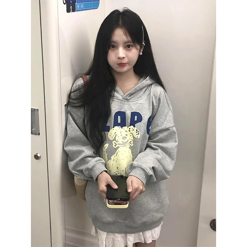 美式灰色连帽卫衣女秋季小狗印花重磅情侣帽衫外套宽松慵懒风上衣