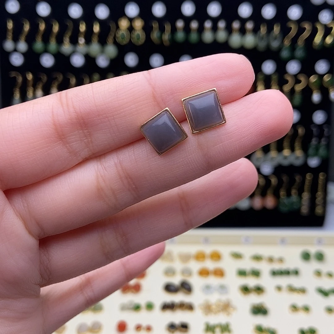 和田玉银S925镶嵌耳饰