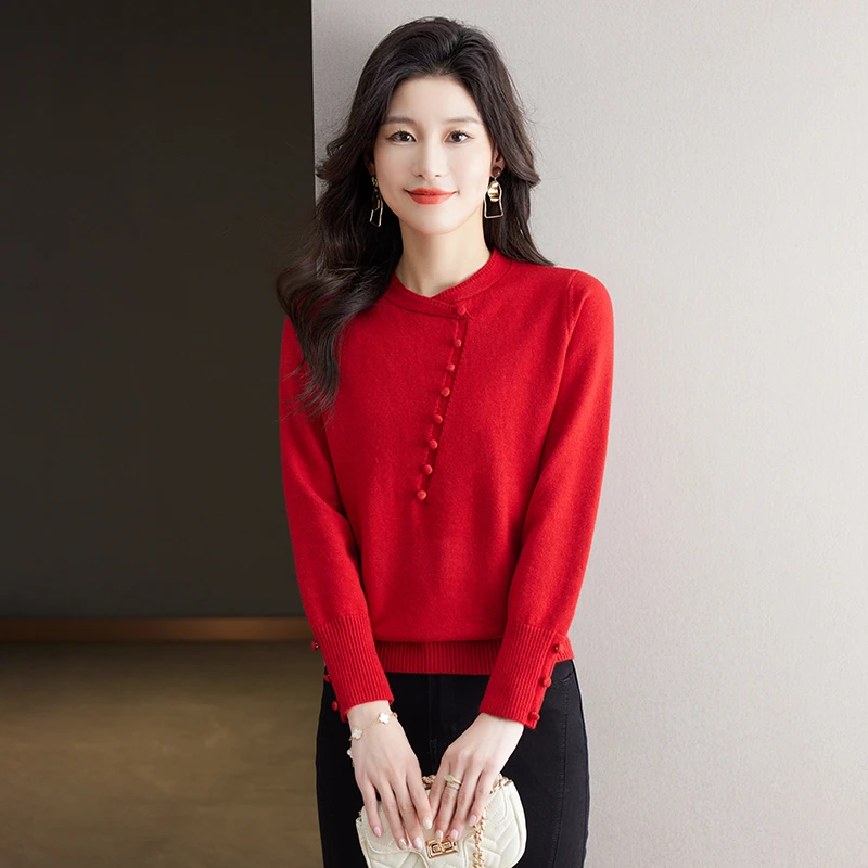 【亚聚甄选】新中式女装国风打底衫内搭圆领女装常规款时尚针织衫