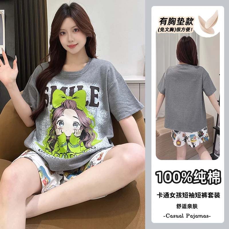 夏季短袖短裤新款透气带胸垫纯棉睡衣女卡通休闲可外穿家居服套装