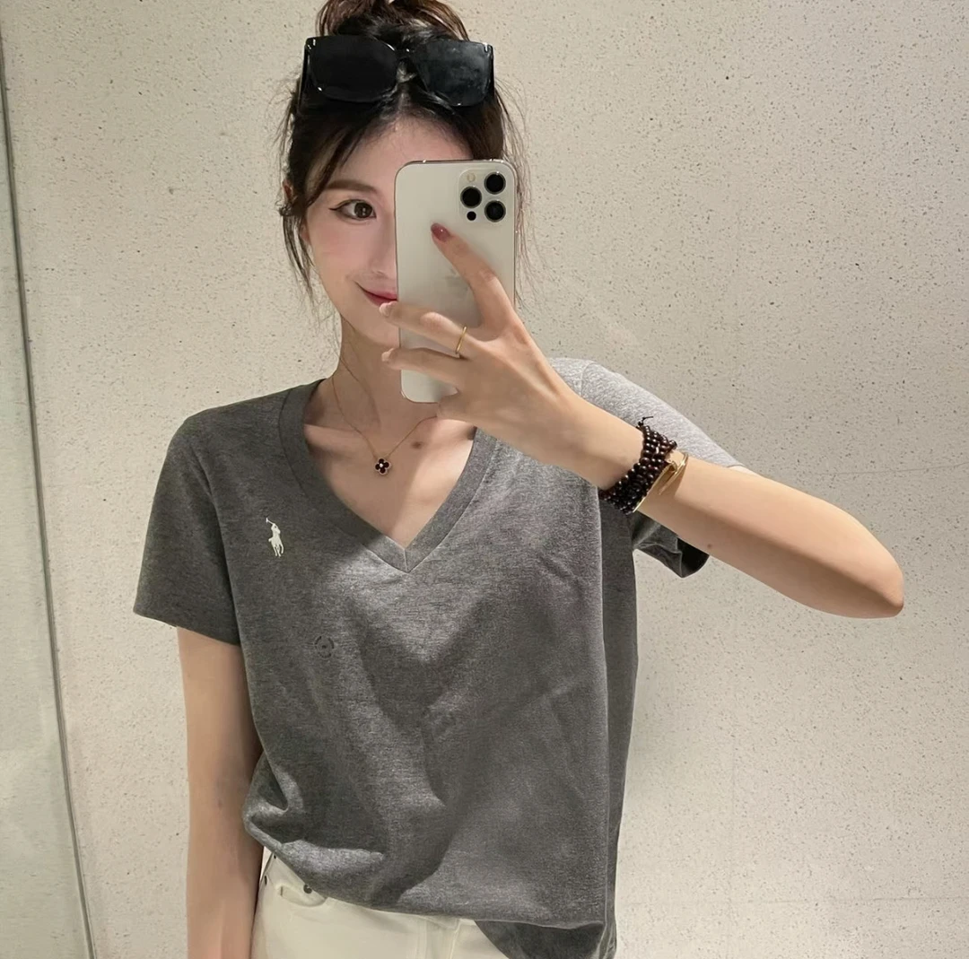2025新款夏季宽松V领短袖刺绣韩版极简风女T恤休闲百搭遮肉显瘦