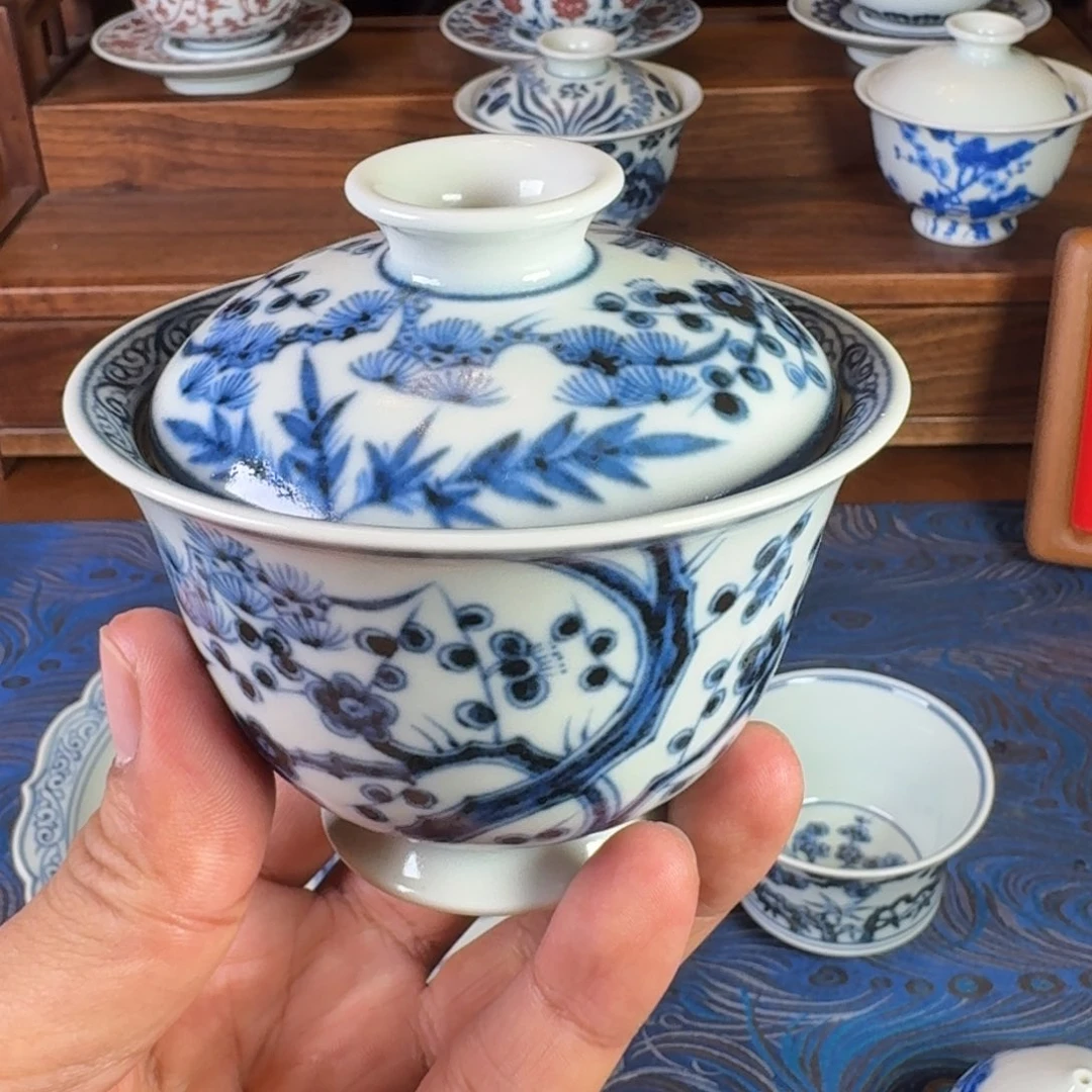 景德镇手工手绘仿元青花松竹梅两才盖碗