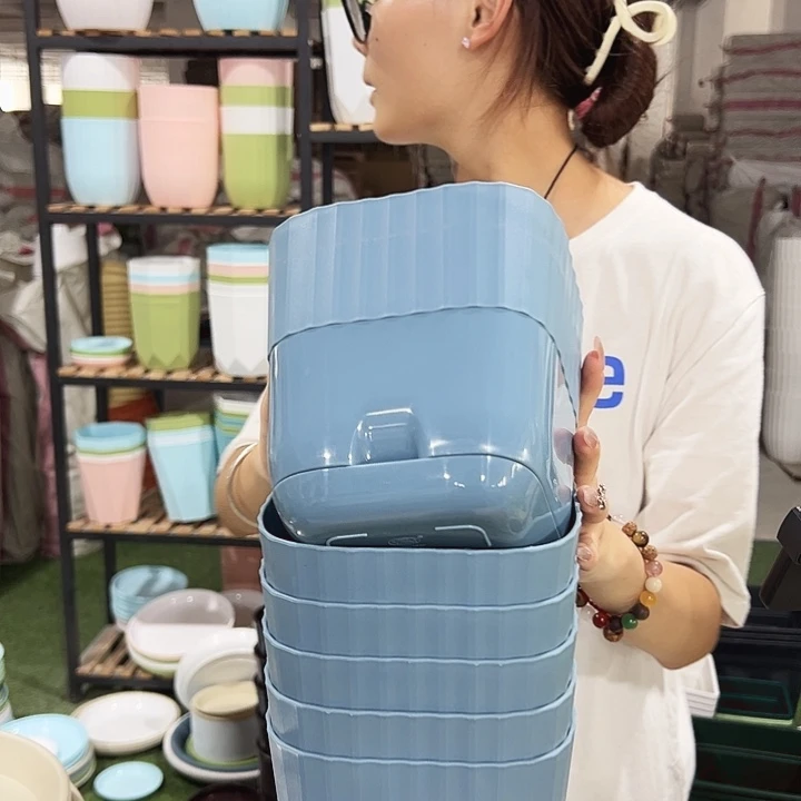 方型竖纹口14.5高15雾霾蓝带托6只