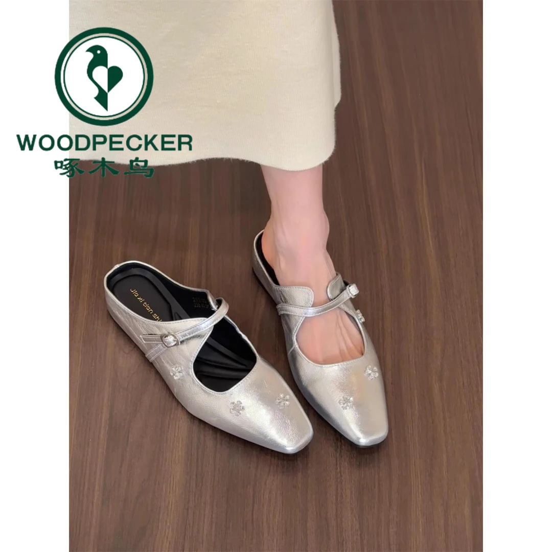 啄木鸟内增高法式银色包头半拖鞋女外穿2025春夏季玛丽珍鞋单鞋子