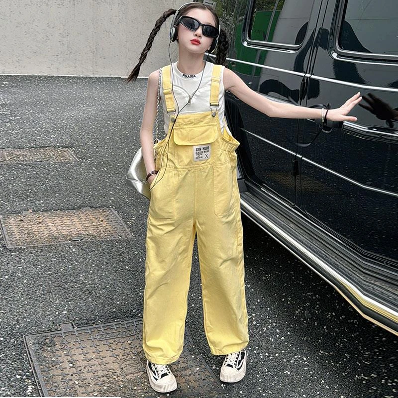 女童洋气夏装背带裤套装2025新款时髦韩版潮酷夏季女大童吊带裤子