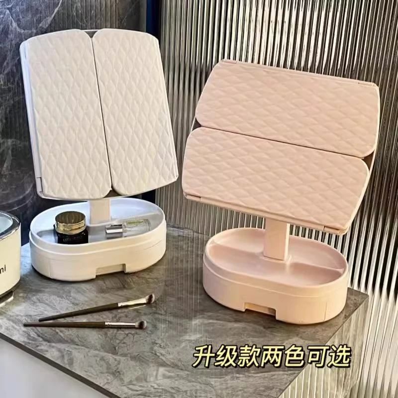 贝壳镜折叠收纳二合一化妆镜带灯台式旋转梳妆镜学生宿舍桌面镜子