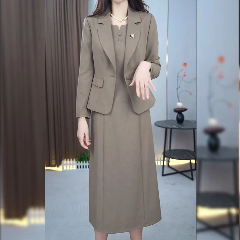 高级TR斜纹精纺气质俩件套连衣裙女2025秋季新款西装外套裙子套装