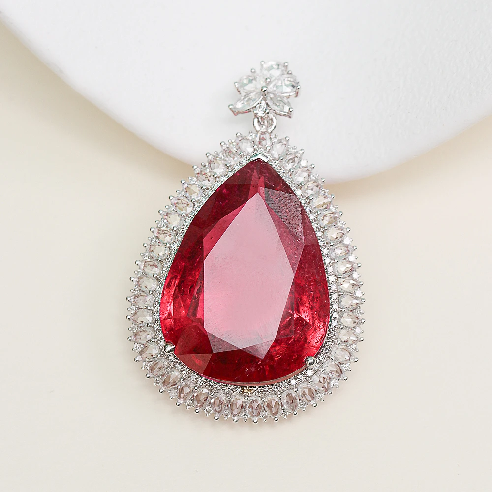 18K金碧玺吊坠31.5ct天然巴西卢比来 满火彩无暗域 豪镶梨形切