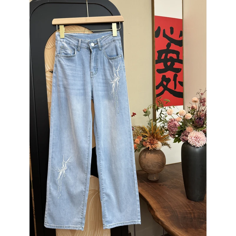 【朵朵牛仔裤】重工刺绣洋气宽松牛仔裤女时尚显瘦百搭阔腿裤