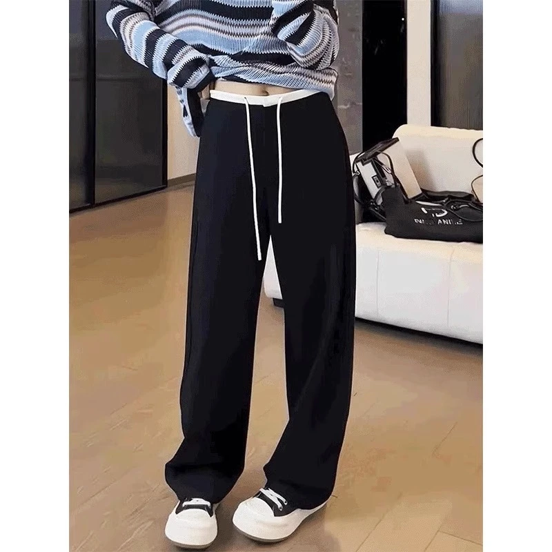 【158村姑】拼色直筒休闲西裤女早秋大码胖mm遮胯显瘦抽绳阔腿裤子