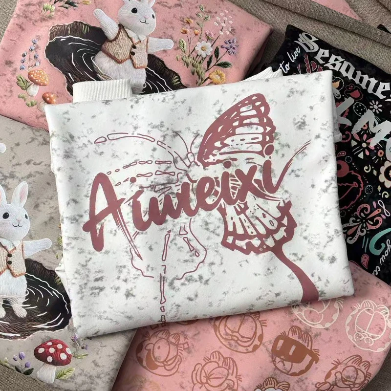 AWX【001-035】卡通印花圆领宽松型扎染卫衣2025简约卡通时尚慵懒潮