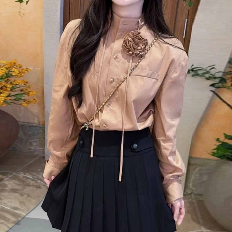 【商场同款】2025新款洋气时尚百搭可拆卸装饰领花造型长袖衬衫女