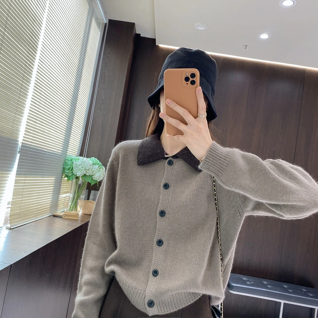 IMFLY金小金自制女装 针织开衫DYW9952撞色翻领单排扣软糯毛衣