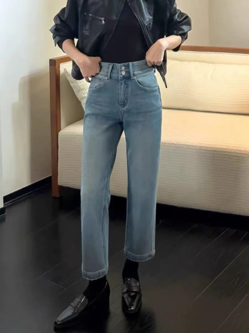 1082#四面弹植绒款 韩版高腰九分直筒烟管裤 显瘦牛仔裤女