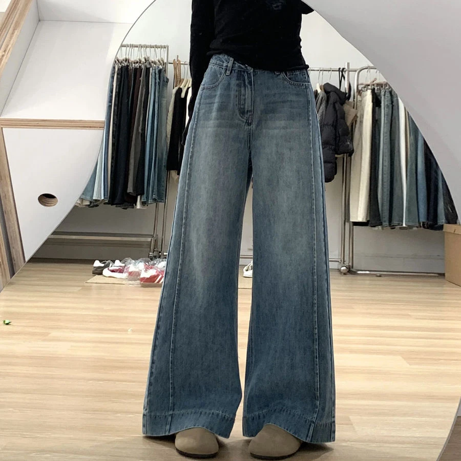 复古水洗做旧高腰阔腿牛仔裤女小个子宽松显瘦直筒裤垂感拖地长裤