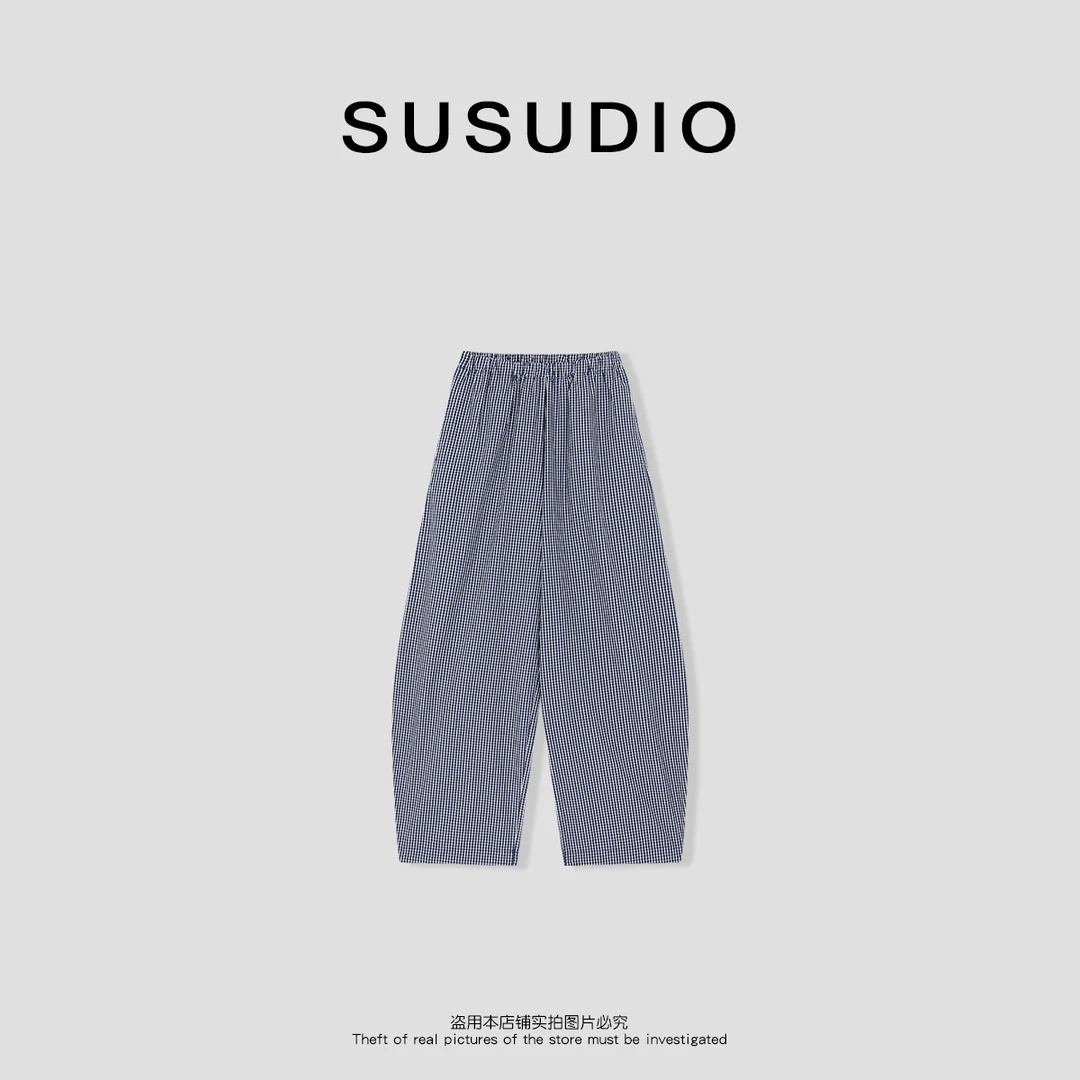SUSUDIO 100棉 度假透气松紧腰小弯刀蓝格薄款休闲裤  40574