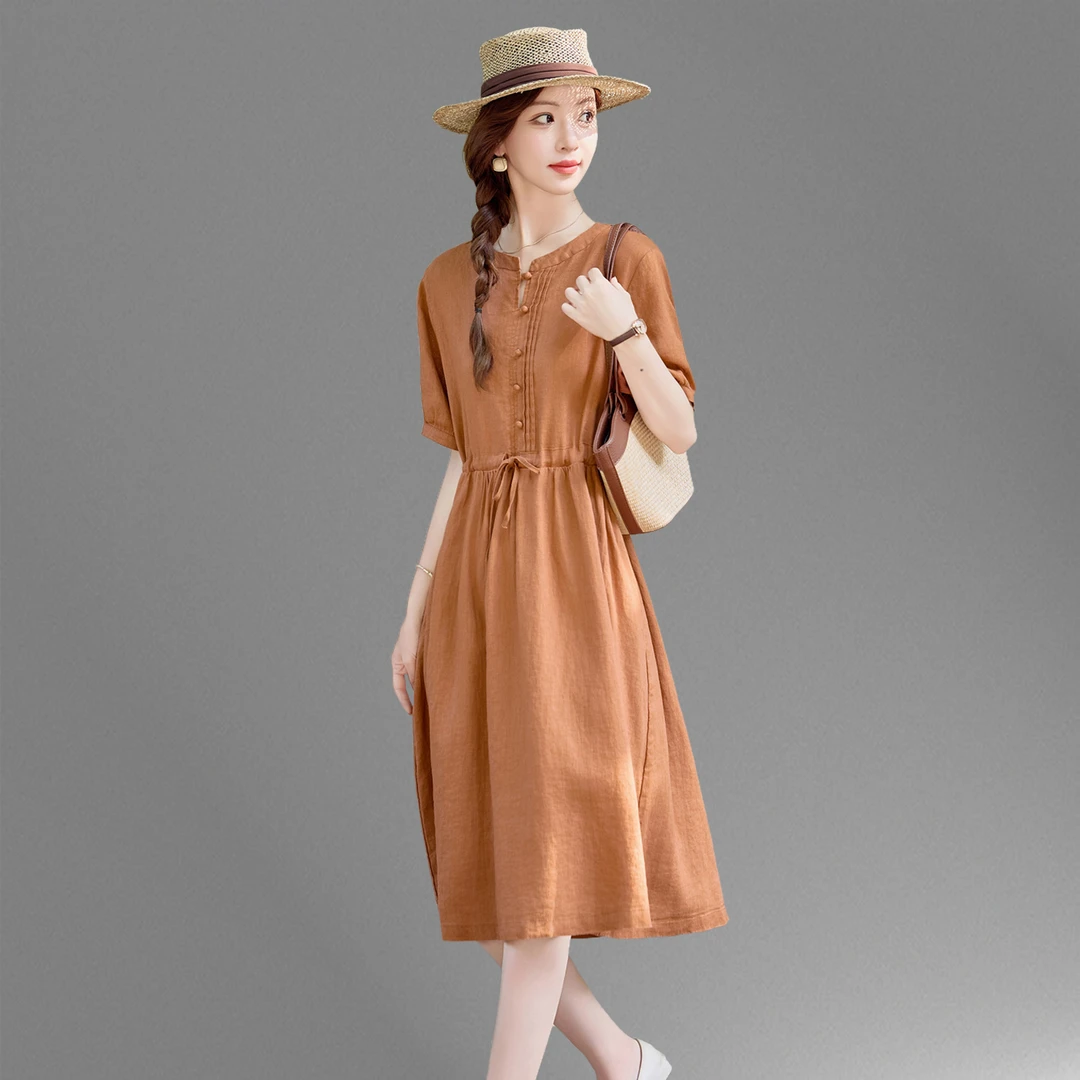 棉麻休闲连衣裙女2025夏季新款宽松大码胖MM收腰显瘦中长薄款裙子