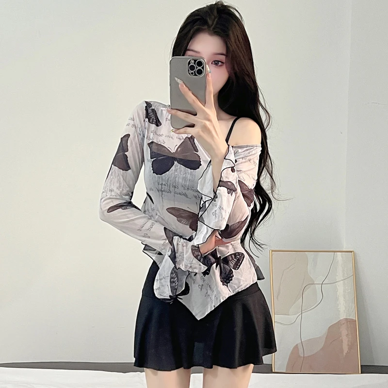 女士分体裙式泳衣复古薄款长袖罩衫防晒显瘦遮肚纯欲泡温泉度假