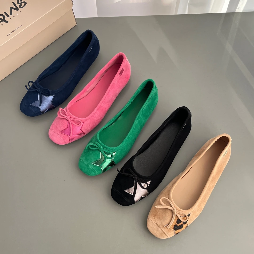 R家新款芭蕾舞鞋法式羊皮复古平底粗跟蝴蝶结拼接星星跳舞单鞋女