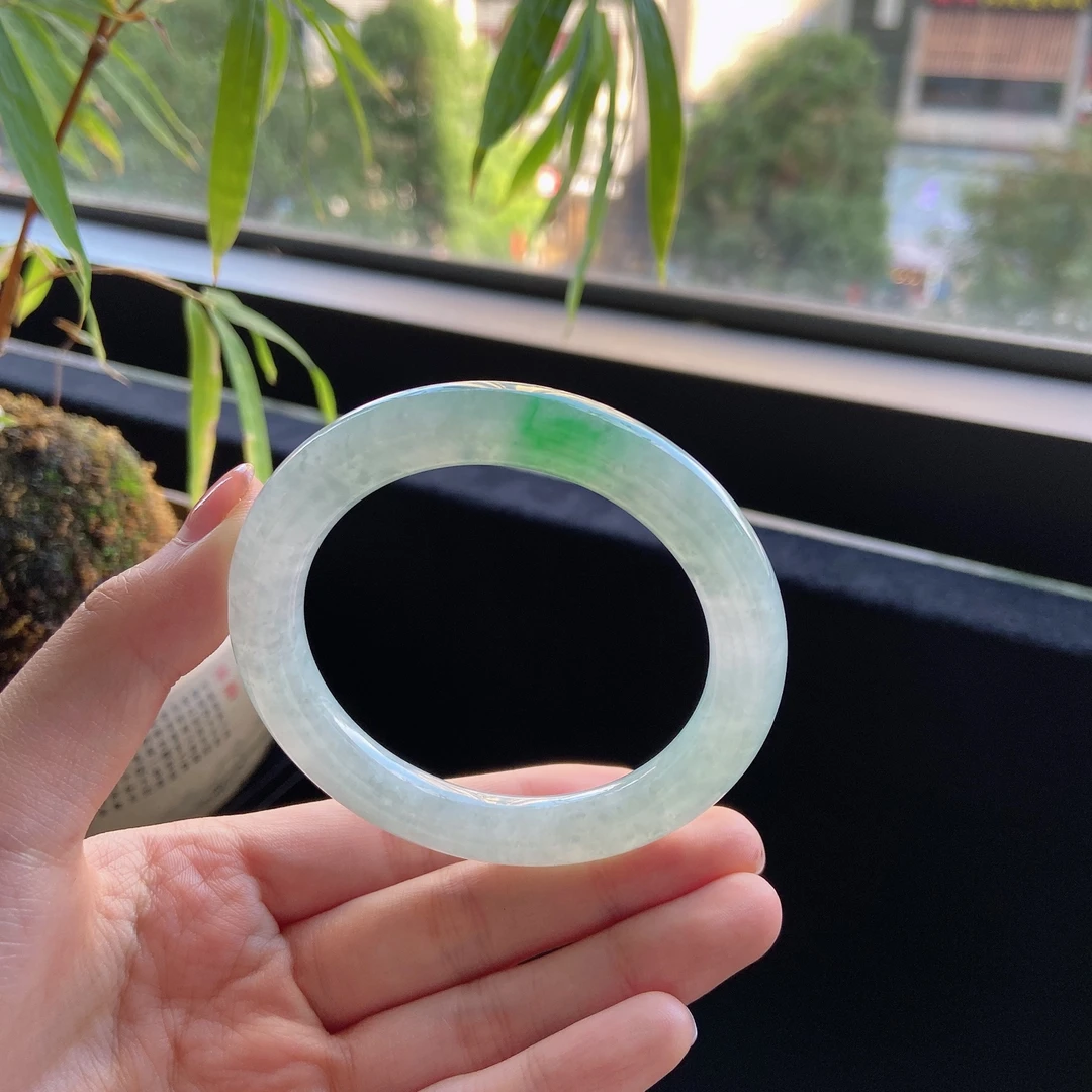 好色珠宝  圈口54缅甸老坑A货冰糯种果绿圆条女款翡翠手镯