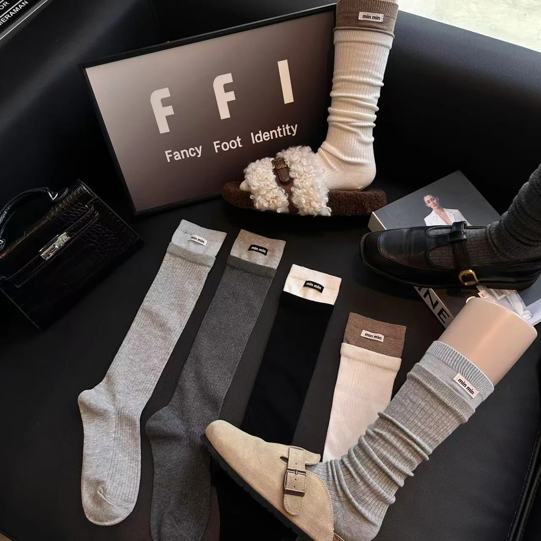 FFI(4双装)秋季双螺口撞色小腿堆堆袜双针欧货百搭乐福鞋高级显瘦