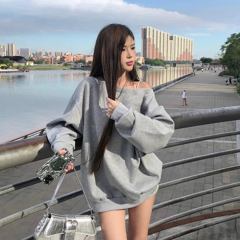 美式复古斜肩卫衣女秋冬松弛慵懒感百搭宽松休闲显瘦长袖上衣潮