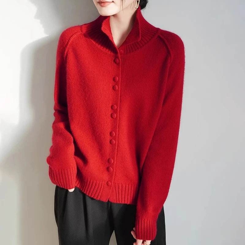 粉色高领毛衣女春季慵懒风高级感安可拉红羊毛内搭打底针织衫上衣