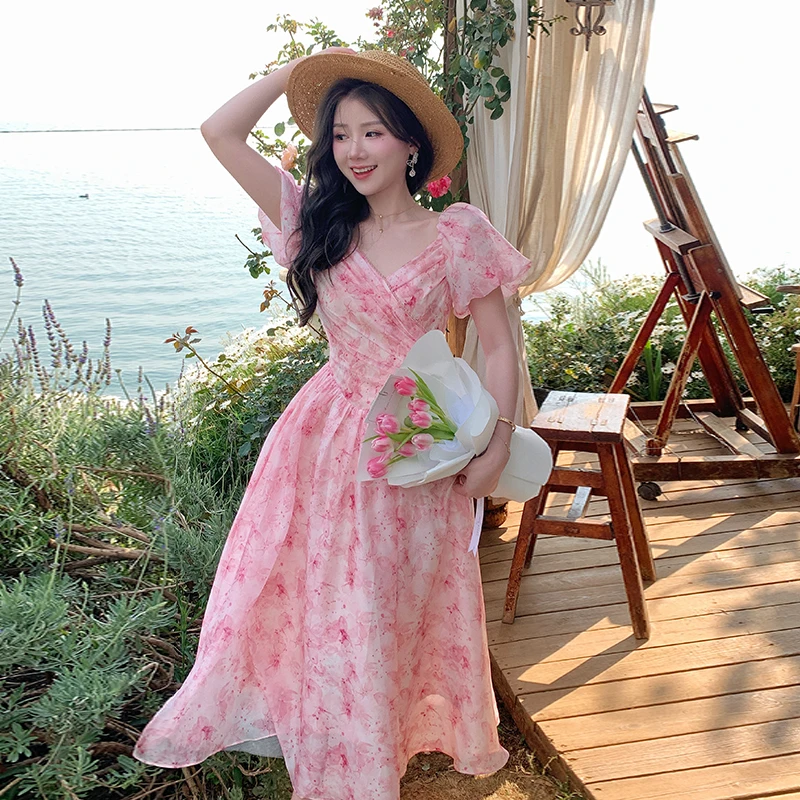 冰冰来了【心动决定】法式纯欲长裙泡泡袖钉珠收腰连衣裙25125