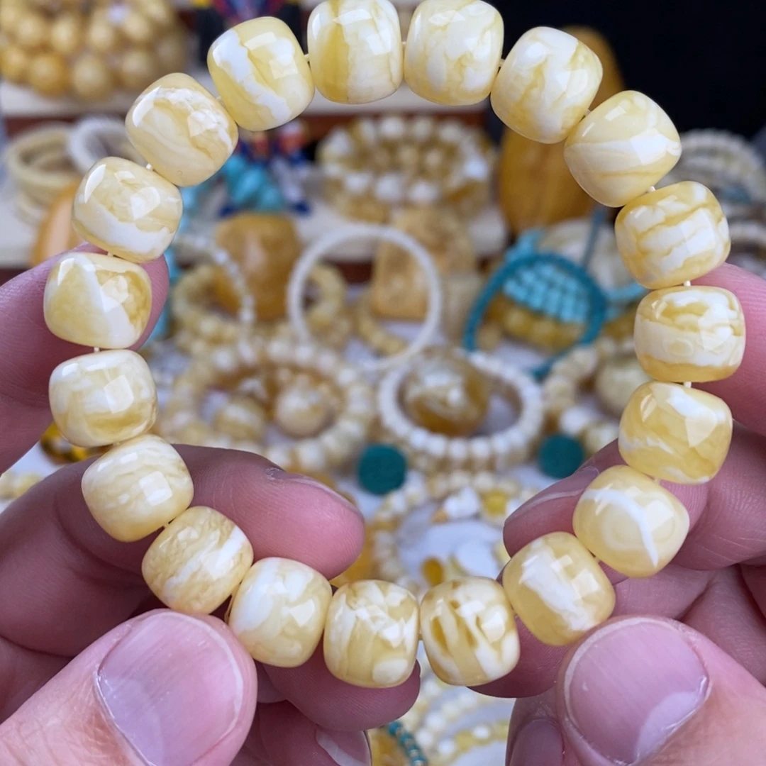 蜜蜡未镶嵌手链瓷白细纹虎皮纹12.5mm