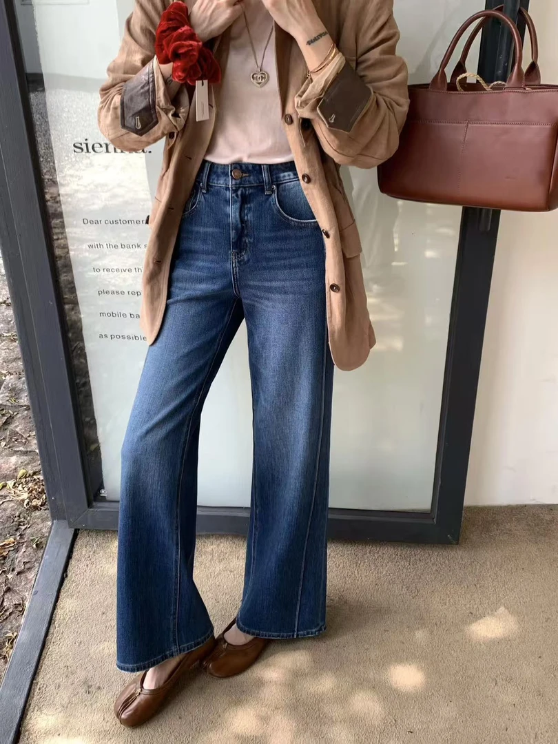 B-01【豪】夏季复古薄款浅色直筒牛仔裤女宽松小个子高腰阔腿拖地裤