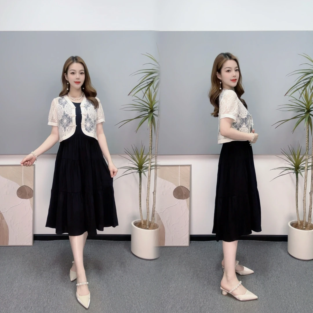 夏季新中式刺绣短袖高腰套头中长款连衣裙纯色A字裙休闲时尚气质