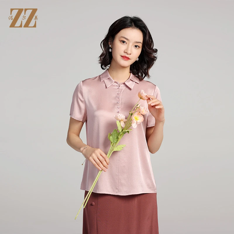佐尔美夏季新款气质桑蚕丝真丝时尚短袖衬衣衬衫上衣女E22CS64