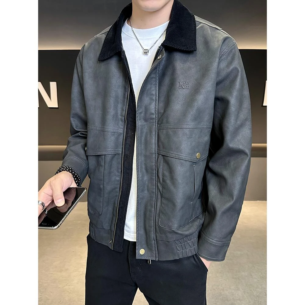 Npkp品牌正品/巴恩风外套皮衣男款痞帅轻奢风拼接翻领上衣2025新