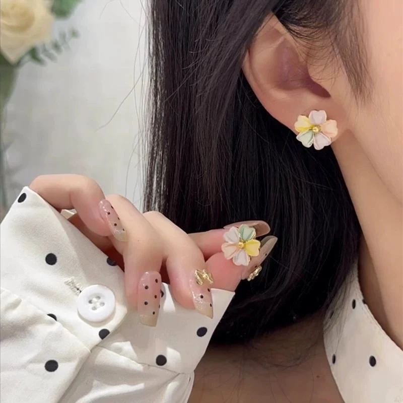 铜合金耳饰 五彩斑斓花朵耳环油画风耳钉女轻奢高级感F331